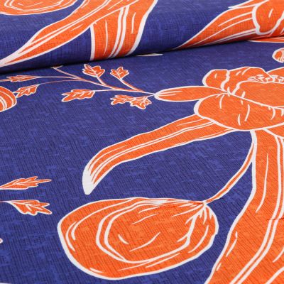 Tissu Viscose Hawa orange sur fond Bleu roi - Par 10 cm