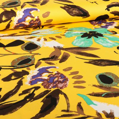 Tissu Coton Satiné extensible Aquarelle Suzy sur fond Jaune - Par 10 cm