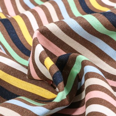 Tissu Lin Viscose Rayures multicolores sur fond Marron - Par 10 cm