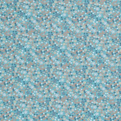 Tissu Coton imprimé Lizzie sur fond Bleu pétrole - Par 10 cm
