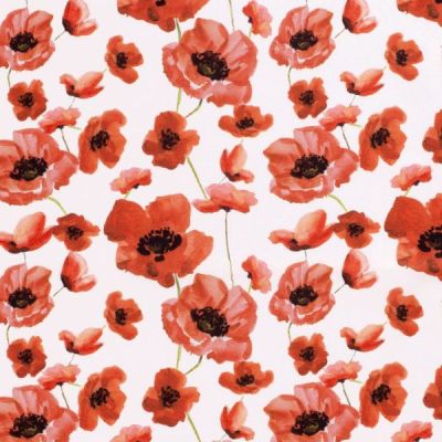 Tissu Coton imprimé Coquelicot rouge sur fond Blanc - Par 10 cm