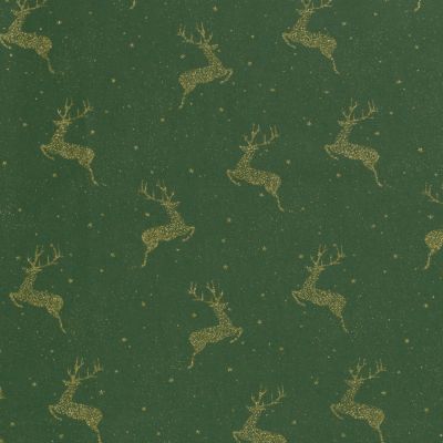 Tissu Coton imprimé Noël Rênes dorées sur fond Vert sapin - Par 10 cm