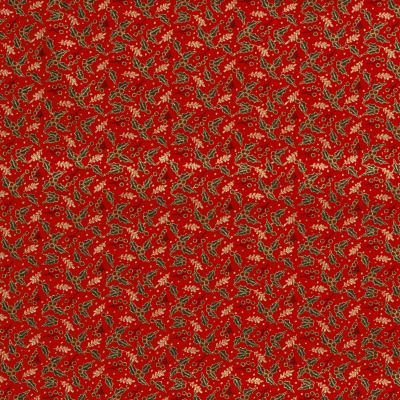Tissu Coton imprimé Branches de Noël dorées sur fond Rouge - Par 10 cm