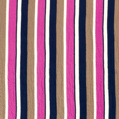 Tissu Viscose gaufré Rayé fuschia et taupe sur fond Blanc - Par 10 cm