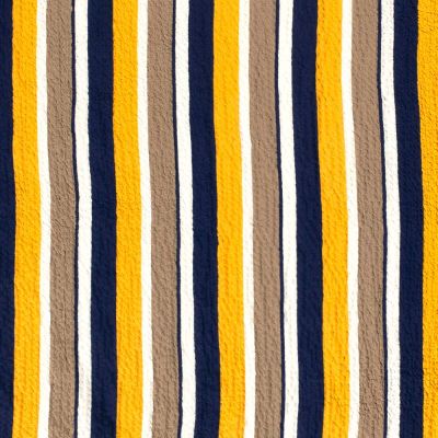 Tissu Viscose gaufré Rayé jaune et taupe sur fond Blanc - Par 10 cm