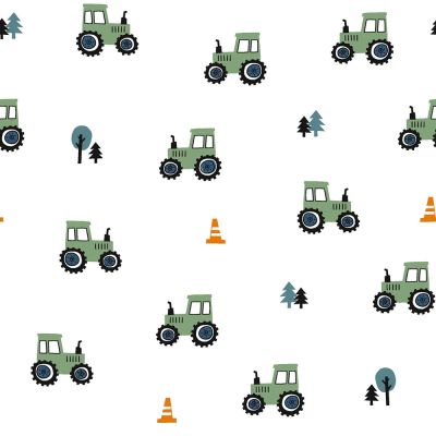 Tissu Popeline de Coton Tracteur vert sur fond Blanc - Par 10 cm