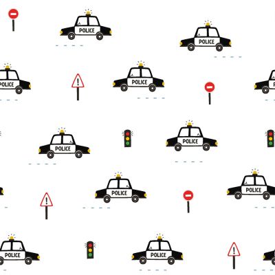 Tissu Popeline de Coton Voiture de police sur fond Blanc - Par 10 cm