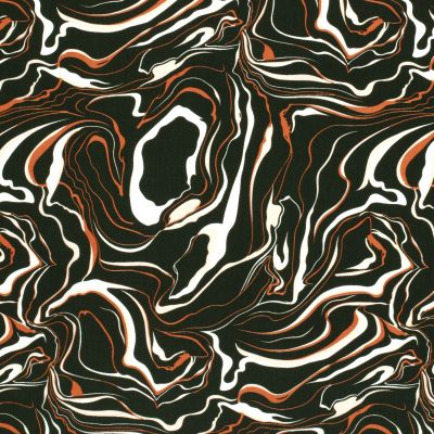Tissu Popeline de Viscose Marble blanc et orange sur fond Vert kaki foncé - Par 10 cm