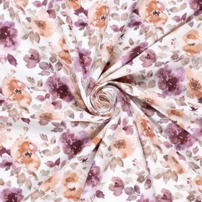 Tissu Sweat léger French Terry digital Fleurs sur fond Ecru - Par 10 cm