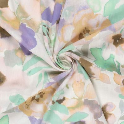 Tissu Coton Viscose aspect Lin Fleuris Bénedicte sur fond Blanc - Par 10 cm