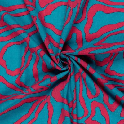 Tissu Coton Viscose aspect Lin Big Flowers rose fuschia sur fond Bleu turquoise - Par 10 cm