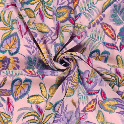 Tissu Satiné bubble Feuilles violettes sur fond Rose clair - Par 10 cm