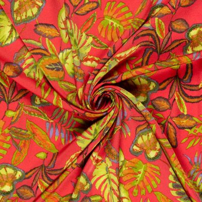 Tissu Satiné bubble Feuilles vertes sur fond Rouge - Par 10 cm