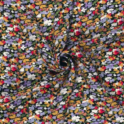 Tissu Crêpe de Viscose fleurs Lia sur fond Noir - Par 10 cm