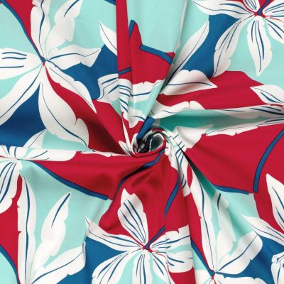 Tissu Coton satiné extensible Florisca sur fond Vert menthe - Par 10 cm