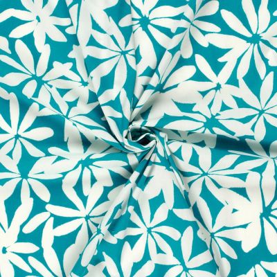 Tissu Coton stretch imprimé Fleurs blanches sur fond Bleu canard - Par 10 cm