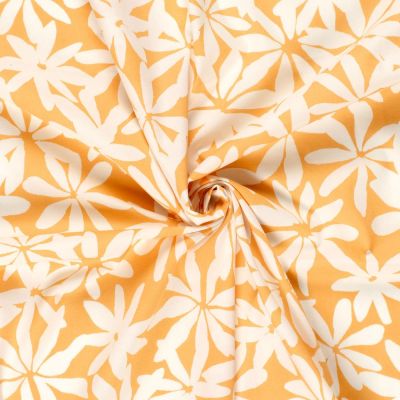 Tissu Coton stretch imprimé Fleurs blanches sur fond Ocre - Par 10 cm