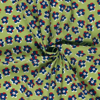 Tissu Coton extensible Fleuréa marine sur fond Vert - Par 10 cm