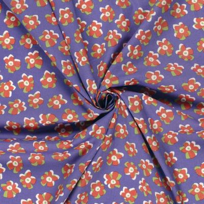 Tissu Coton extensible Fleuréa orange sur fond Violet - Par 10 cm