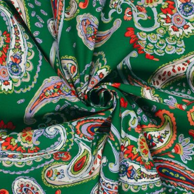 Tissu Coton stretch imprimé Paisley sur fond Vert - Par 10 cm
