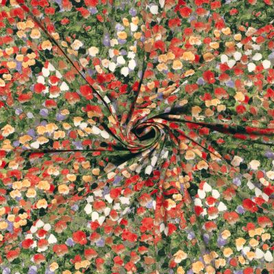 Tissu Jersey Viscose imprimé floral abstrait multicolore sur fond Vert kaki - Par 10 cm