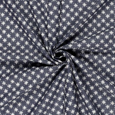 Tissu Chambray Coton Fleurs brodées sur fond Bleu marine - Par 10 cm