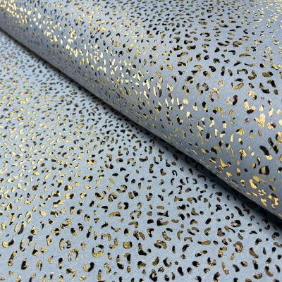 Tissu Chambray Coton léger imprimé léopard doré sur fond Bleu clair - Par 10 cm