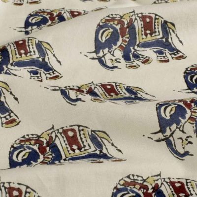 Tissu Voile de Coton Jaipur éléphants Bleus sur fond Beige - Par 10 cm