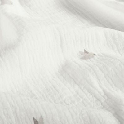 Tissu Double gaze de Coton Petits oiseaux gris sur fond Blanc - Par 10 cm