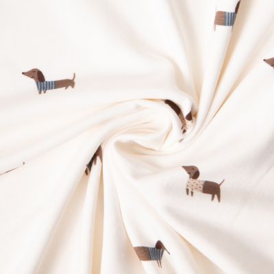 Tissu Jersey Coton imprimé Teckel en marinière sur fond Ecru - Par 10 cm