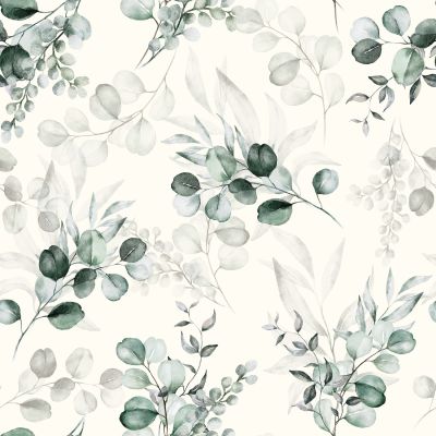 Tissu Jersey côtelé Feuilles eucalyptus sur fond Blanc cassé - Par 10 cm