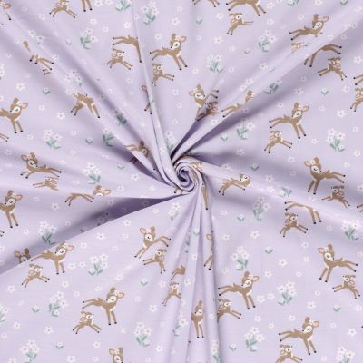 Tissu Jersey Coton Rennes fleuris sur fond Lilas - Par 10 cm