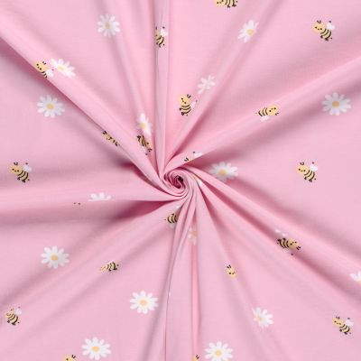 Tissu Jersey Coton Abeilles jaunes et fleurs blanches sur fond Rose - Par 10 cm