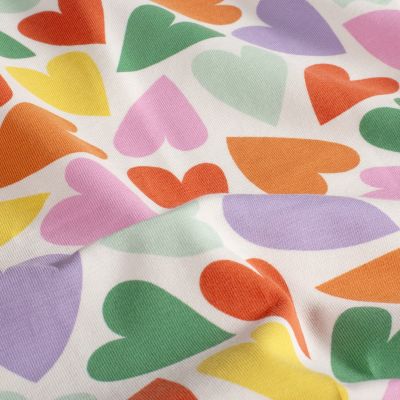 Tissu Jersey Coton Grands coeurs colorés sur fond Blanc - Par 10 cm