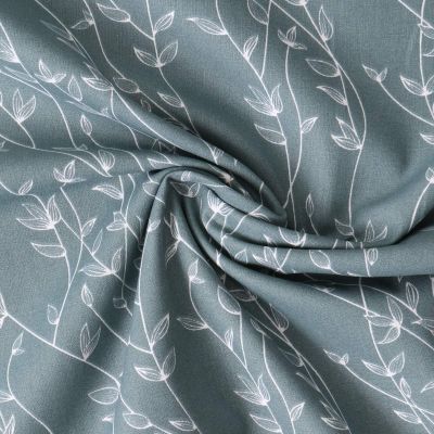 Tissu Popeline de Coton  feuilles Alexia sur fond Bleu acier - Par 10 cm
