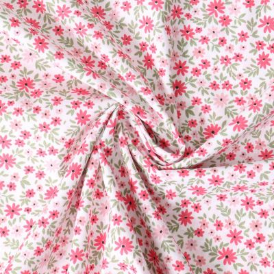 Tissu Popeline de Coton  fleurs Gwen Roses sur fond Blanc - Par 10 cm