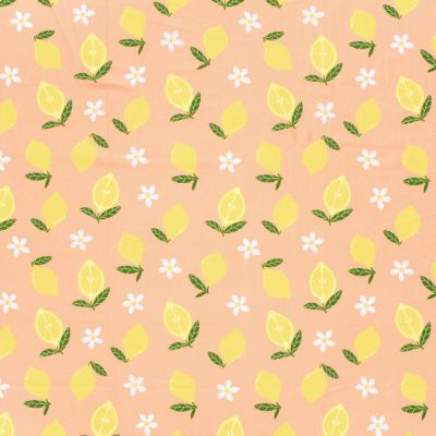 Tissu Lycra maillot de bain citron Zestiva jaune sur fond Pêche - Par 10 cm
