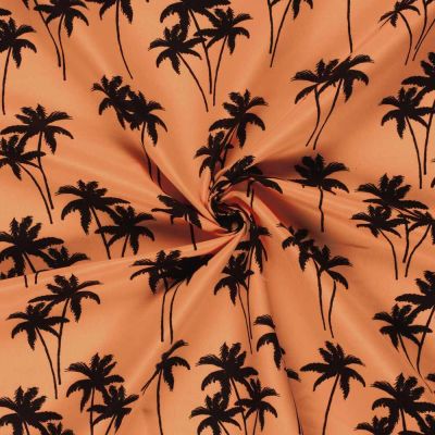 Tissu Short de bain déperlant recyclé Palmiers sur fond Corail - Par 10 cm