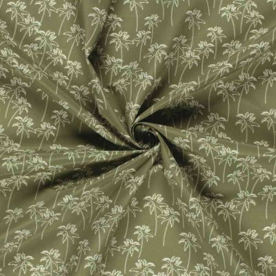 Tissu Short de bain déperlant recyclé Palmiers sur fond Vert olive - Par 10 cm