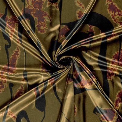 Tissu Satin imprimé Zeyna camouflage artistique Noir sur fond Vert kaki clair - Par 10 cm