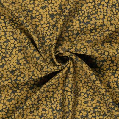 Tissu Crêpe de Viscose Ambrine fleurs Moutarde dorée sur fond Noir - Par 10 cm