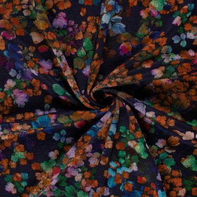 Tissu Jersey Viscose Ambrosia fleurs Orange cuivré sur fond Bleu marine - Par 10 cm