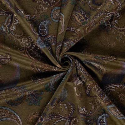Tissu Jersey Viscose Aliénor motif paisley Marron sur fond Vert olive - Par 10 cm