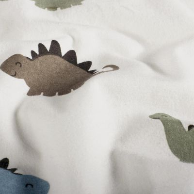 Tissu Flanelle de Coton Zoé dinos Kaki, Brun et Bleu sur fond Ecru - Par 10 cm