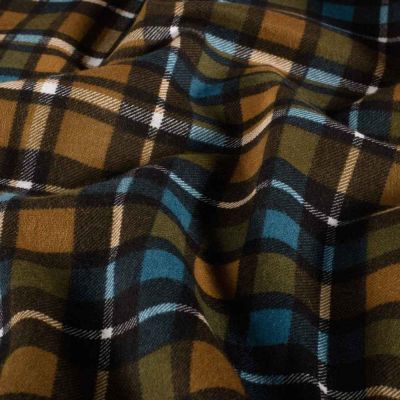 Tissu Flanelle de Coton Théo carreaux Camel , Bleu pétrole et Vert olive sur fond Noir - Par 10 cm