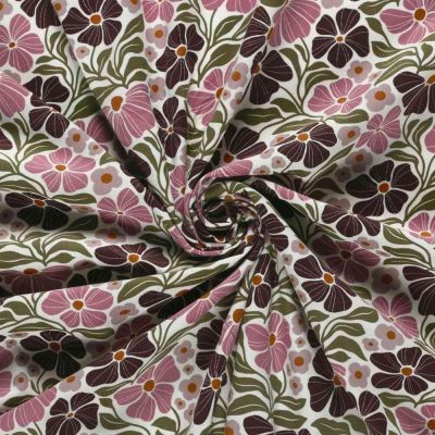 Tissu Velours milleraies Fleurs roses et olives sur fond Blanc cassé - Par 10 cm
