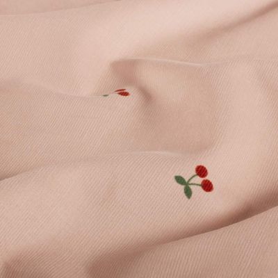 Tissu Velours milleraies Calie cerises Rouges sur fond Rose poudré - Par 10 cm