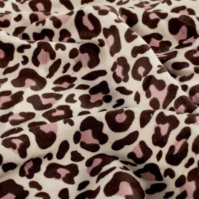 Tissu Jersey Velours tout doux Isara léopard Brun et Rose sur fond Beige - Par 10 cm
