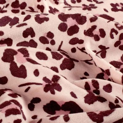 Tissu Jersey Velours tout doux Eloïse fleurs Bordeaux sur fond Rose bébé - Par 10 cm