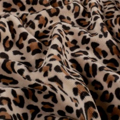 Tissu Velours tout doux Nahia motif léopard Fauve sur fond Beige sable - Par 10 cm